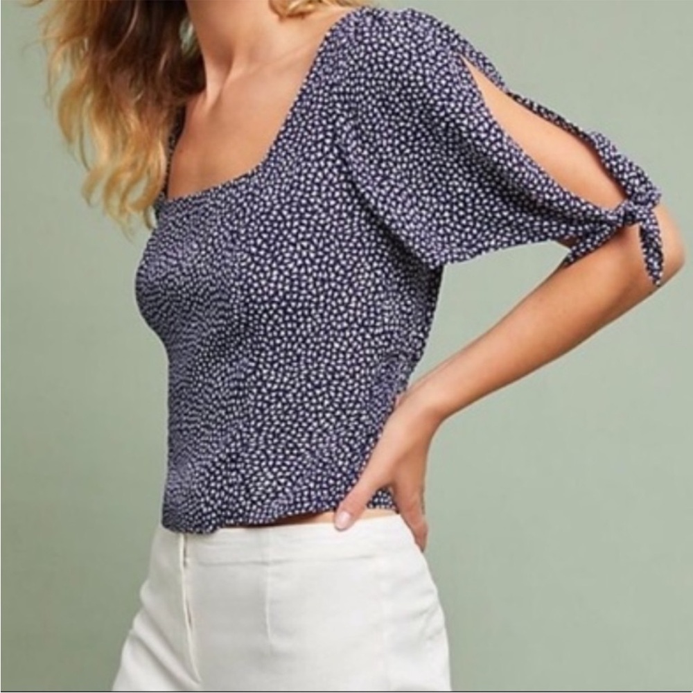 Anthropologie Navy and White Printed Square-Neck Puff Sleeve Top
